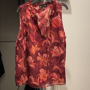 INC International Concepts Ruffled Floral Blouse - Burgundy and Orange